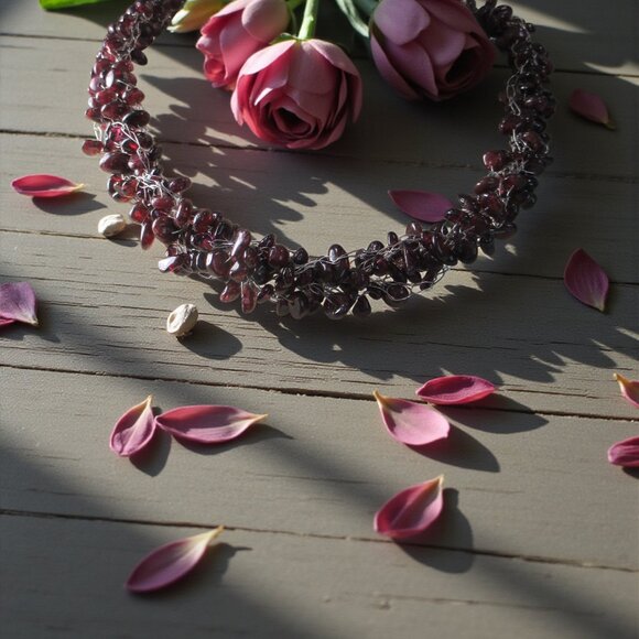 Ethereal Garnet Necklace, Multi Strand Braided, Princess Length - Picture 4 of 6